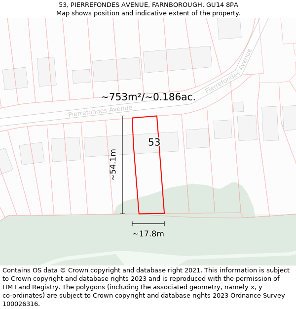 53, PIERREFONDES AVENUE, FARNBOROUGH, GU14 8PA: Plot and title map