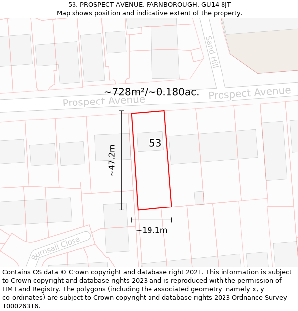 53, PROSPECT AVENUE, FARNBOROUGH, GU14 8JT: Plot and title map