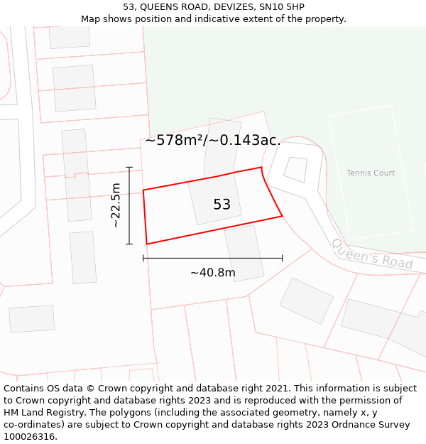 53, QUEENS ROAD, DEVIZES, SN10 5HP: Plot and title map