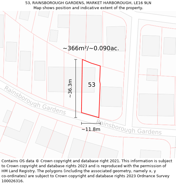 53, RAINSBOROUGH GARDENS, MARKET HARBOROUGH, LE16 9LN: Plot and title map