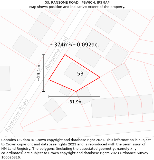 53, RANSOME ROAD, IPSWICH, IP3 9AP: Plot and title map