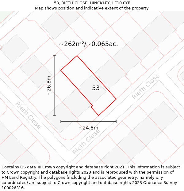 53, RIETH CLOSE, HINCKLEY, LE10 0YR: Plot and title map