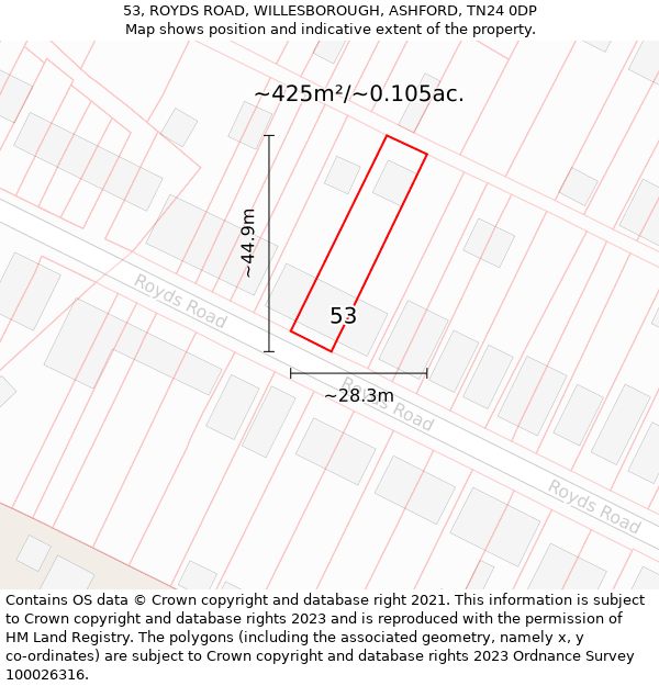 53, ROYDS ROAD, WILLESBOROUGH, ASHFORD, TN24 0DP: Plot and title map