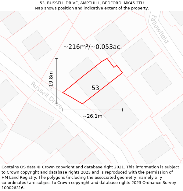 53, RUSSELL DRIVE, AMPTHILL, BEDFORD, MK45 2TU: Plot and title map