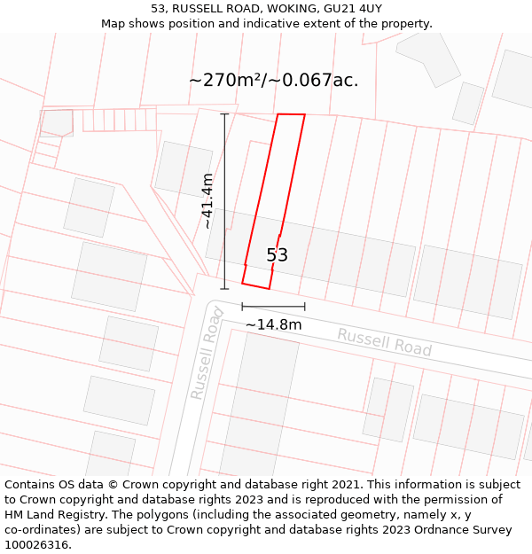 53, RUSSELL ROAD, WOKING, GU21 4UY: Plot and title map