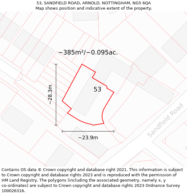 53, SANDFIELD ROAD, ARNOLD, NOTTINGHAM, NG5 6QA: Plot and title map