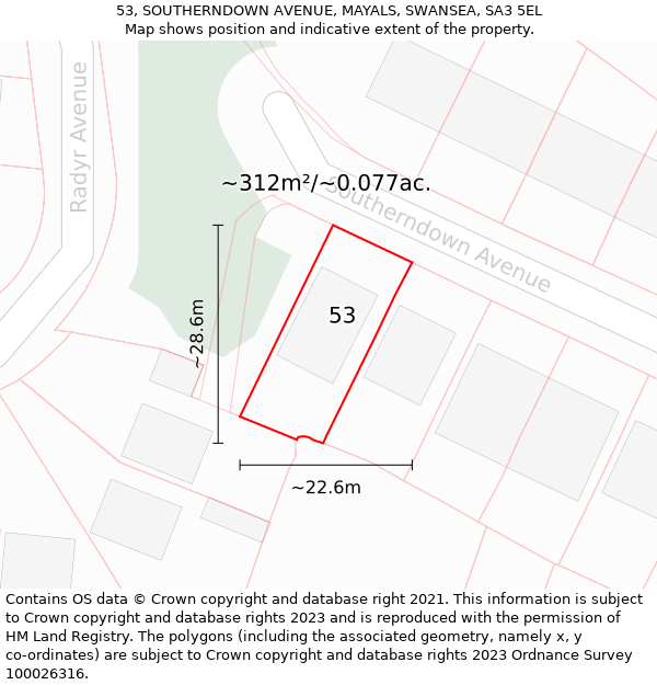 53, SOUTHERNDOWN AVENUE, MAYALS, SWANSEA, SA3 5EL: Plot and title map