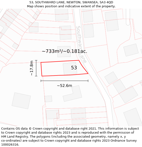 53, SOUTHWARD LANE, NEWTON, SWANSEA, SA3 4QD: Plot and title map