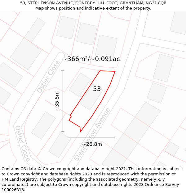 53, STEPHENSON AVENUE, GONERBY HILL FOOT, GRANTHAM, NG31 8QB: Plot and title map