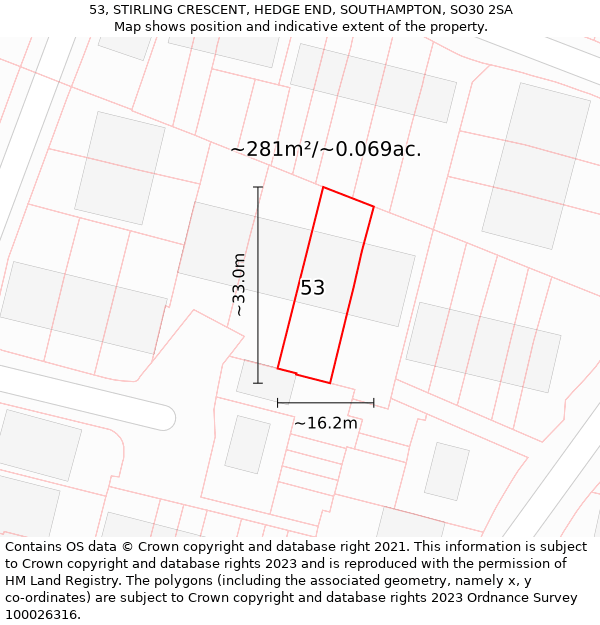 53, STIRLING CRESCENT, HEDGE END, SOUTHAMPTON, SO30 2SA: Plot and title map