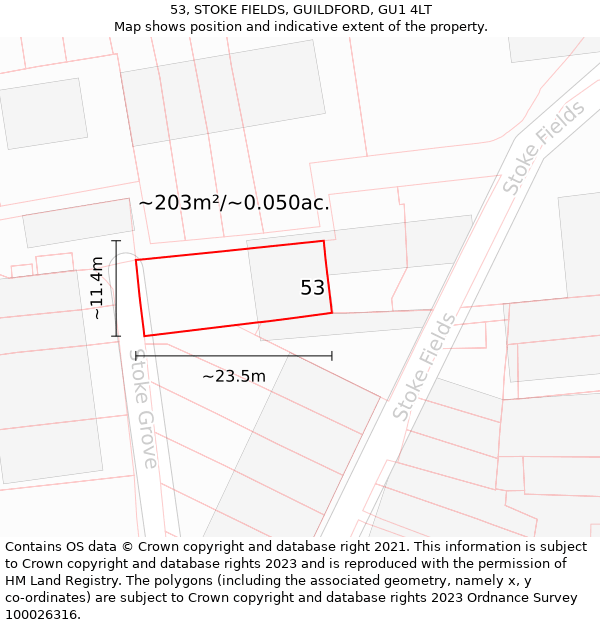 53, STOKE FIELDS, GUILDFORD, GU1 4LT: Plot and title map