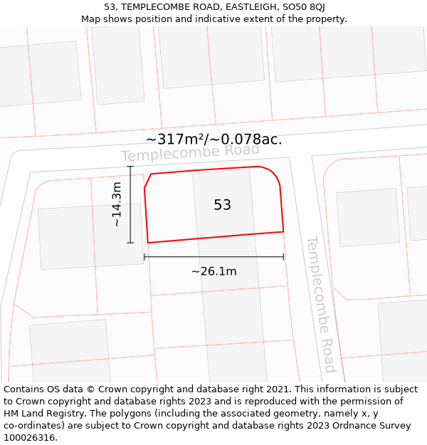 53, TEMPLECOMBE ROAD, EASTLEIGH, SO50 8QJ: Plot and title map