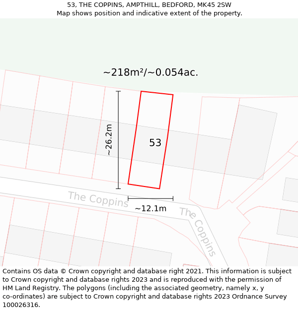53, THE COPPINS, AMPTHILL, BEDFORD, MK45 2SW: Plot and title map