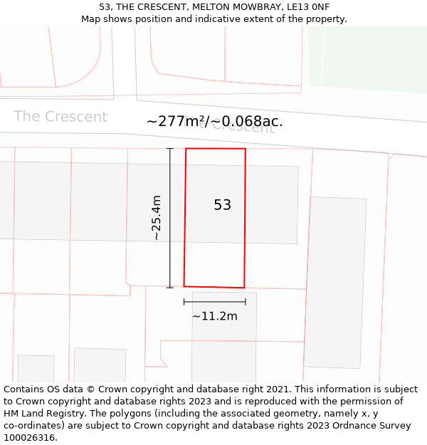 53, THE CRESCENT, MELTON MOWBRAY, LE13 0NF: Plot and title map