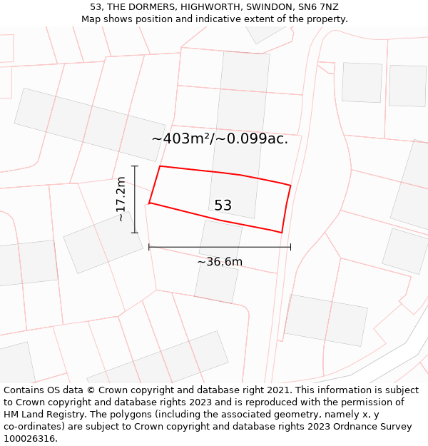 53, THE DORMERS, HIGHWORTH, SWINDON, SN6 7NZ: Plot and title map