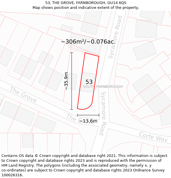 53, THE GROVE, FARNBOROUGH, GU14 6QS: Plot and title map