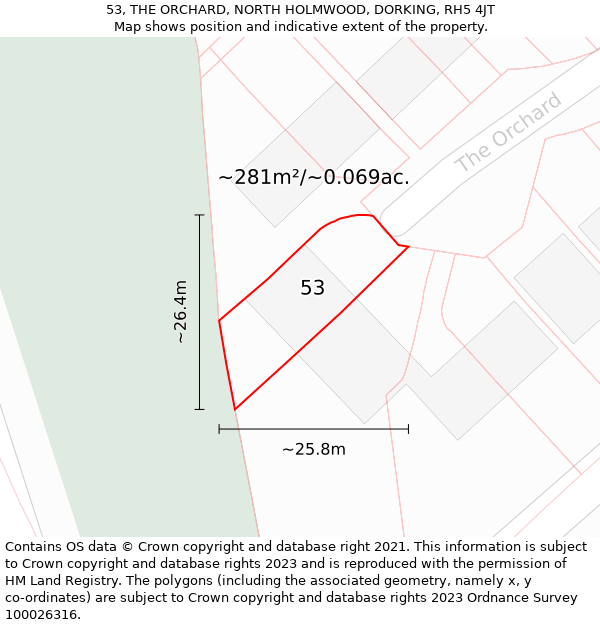 53, THE ORCHARD, NORTH HOLMWOOD, DORKING, RH5 4JT: Plot and title map