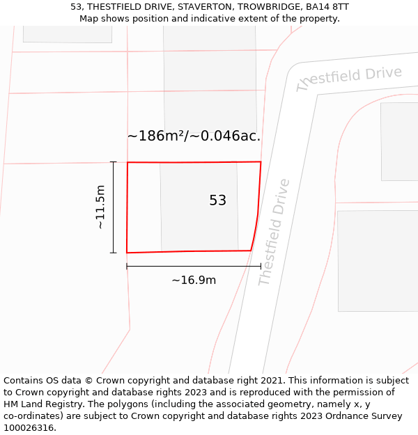 53, THESTFIELD DRIVE, STAVERTON, TROWBRIDGE, BA14 8TT: Plot and title map