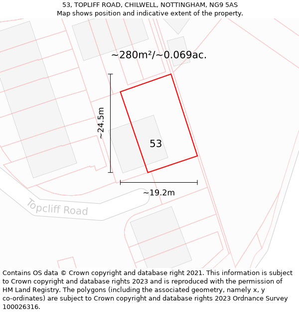 53, TOPLIFF ROAD, CHILWELL, NOTTINGHAM, NG9 5AS: Plot and title map