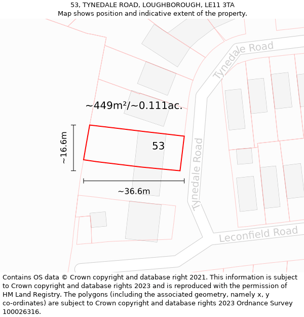 53, TYNEDALE ROAD, LOUGHBOROUGH, LE11 3TA: Plot and title map