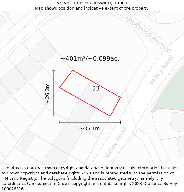 53, VALLEY ROAD, IPSWICH, IP1 4EE: Plot and title map