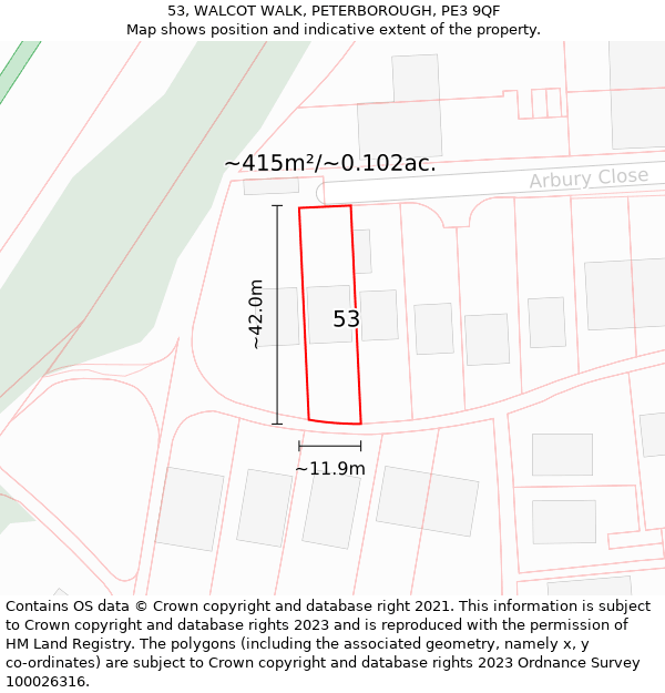 53, WALCOT WALK, PETERBOROUGH, PE3 9QF: Plot and title map