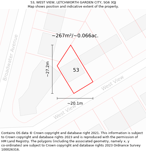 53, WEST VIEW, LETCHWORTH GARDEN CITY, SG6 3QJ: Plot and title map