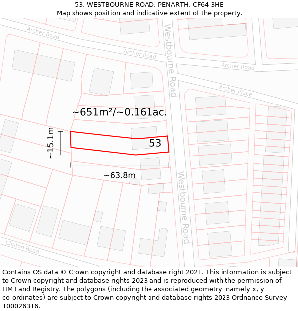 53, WESTBOURNE ROAD, PENARTH, CF64 3HB: Plot and title map