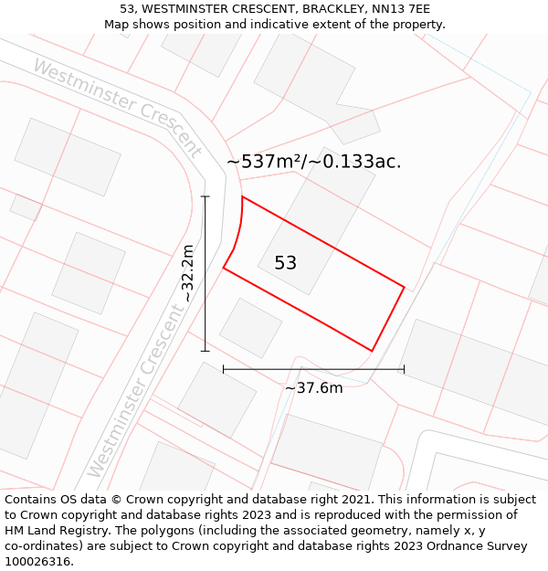 53, WESTMINSTER CRESCENT, BRACKLEY, NN13 7EE: Plot and title map