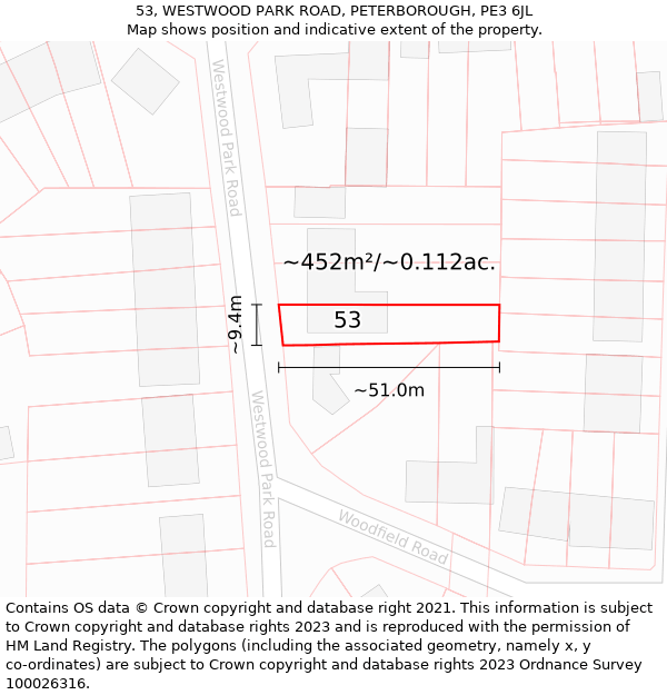 53, WESTWOOD PARK ROAD, PETERBOROUGH, PE3 6JL: Plot and title map