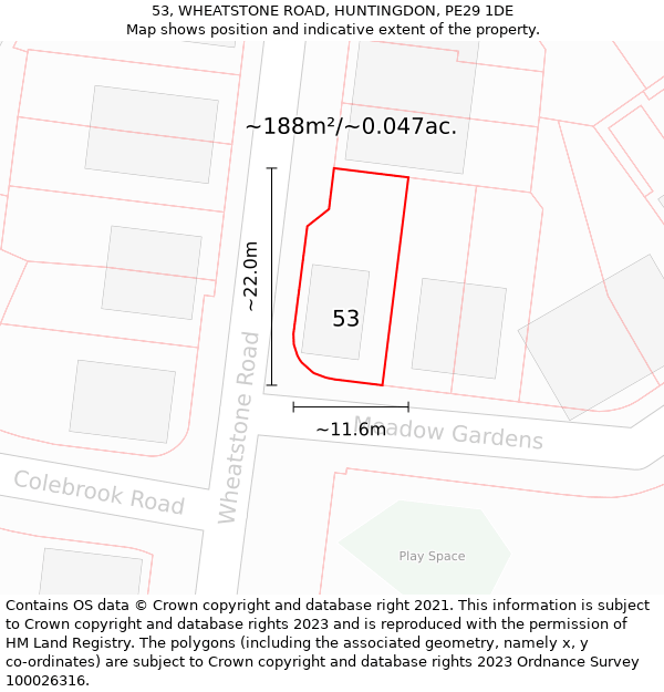 53, WHEATSTONE ROAD, HUNTINGDON, PE29 1DE: Plot and title map