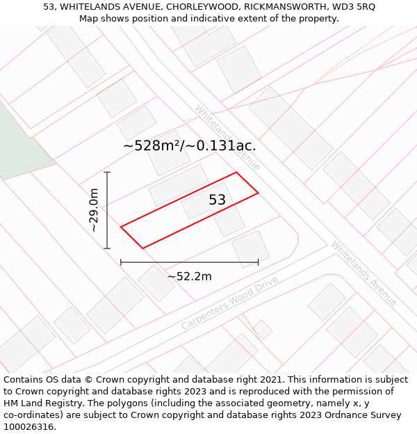 53, WHITELANDS AVENUE, CHORLEYWOOD, RICKMANSWORTH, WD3 5RQ: Plot and title map