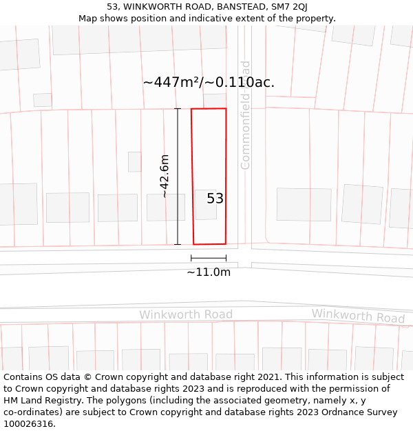 53, WINKWORTH ROAD, BANSTEAD, SM7 2QJ: Plot and title map