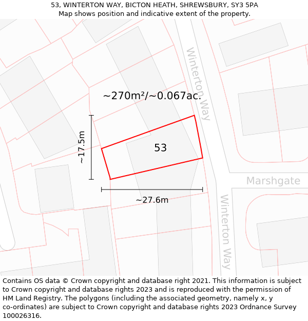 53, WINTERTON WAY, BICTON HEATH, SHREWSBURY, SY3 5PA: Plot and title map