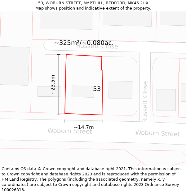 53, WOBURN STREET, AMPTHILL, BEDFORD, MK45 2HX: Plot and title map