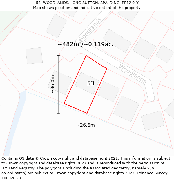 53, WOODLANDS, LONG SUTTON, SPALDING, PE12 9LY: Plot and title map