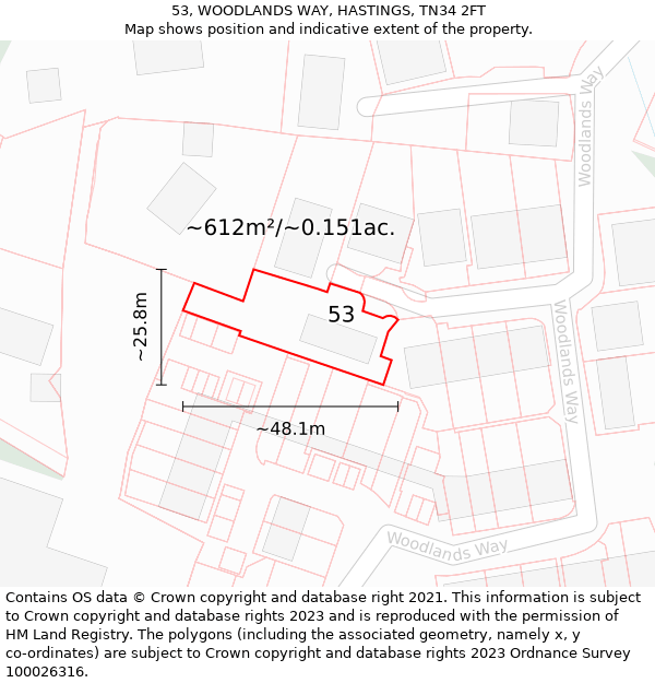 53, WOODLANDS WAY, HASTINGS, TN34 2FT: Plot and title map