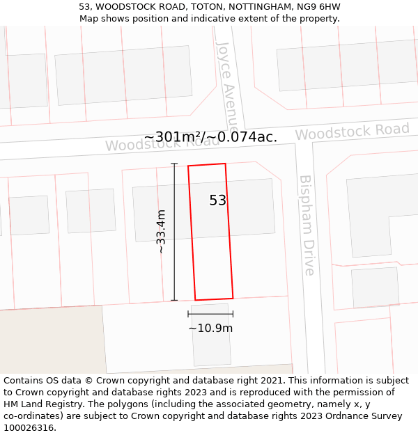 53, WOODSTOCK ROAD, TOTON, NOTTINGHAM, NG9 6HW: Plot and title map