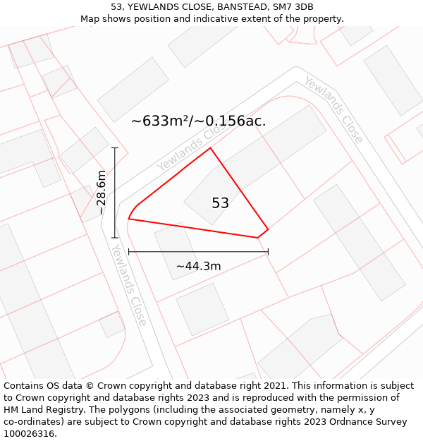 53, YEWLANDS CLOSE, BANSTEAD, SM7 3DB: Plot and title map