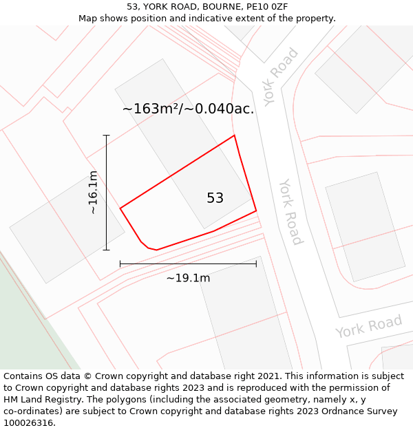 53, YORK ROAD, BOURNE, PE10 0ZF: Plot and title map