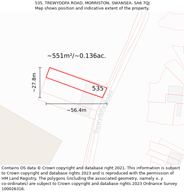 535, TREWYDDFA ROAD, MORRISTON, SWANSEA, SA6 7QJ: Plot and title map