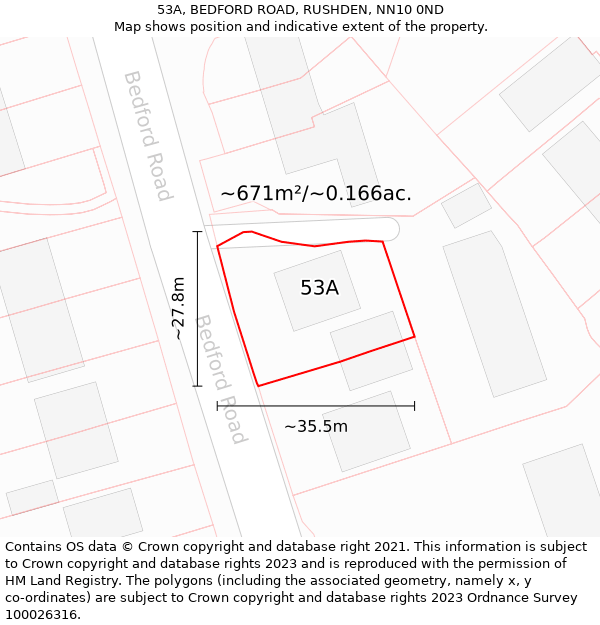 53A, BEDFORD ROAD, RUSHDEN, NN10 0ND: Plot and title map