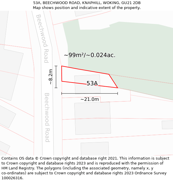 53A, BEECHWOOD ROAD, KNAPHILL, WOKING, GU21 2DB: Plot and title map