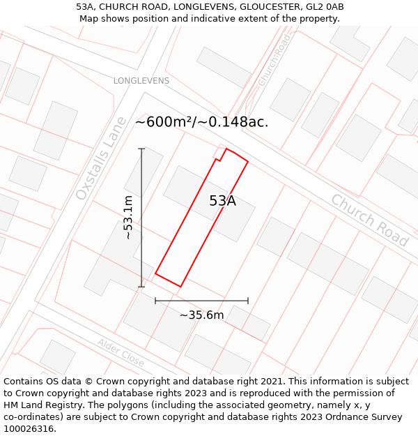 53A, CHURCH ROAD, LONGLEVENS, GLOUCESTER, GL2 0AB: Plot and title map