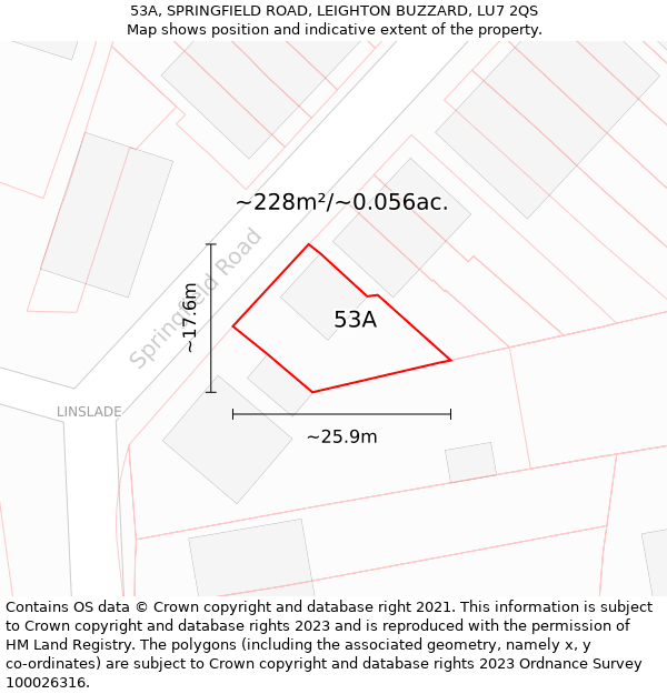 53A, SPRINGFIELD ROAD, LEIGHTON BUZZARD, LU7 2QS: Plot and title map