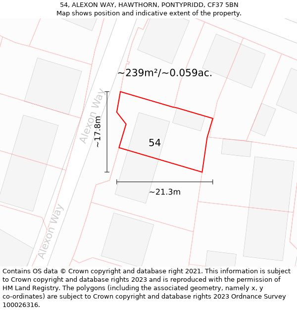 54, ALEXON WAY, HAWTHORN, PONTYPRIDD, CF37 5BN: Plot and title map