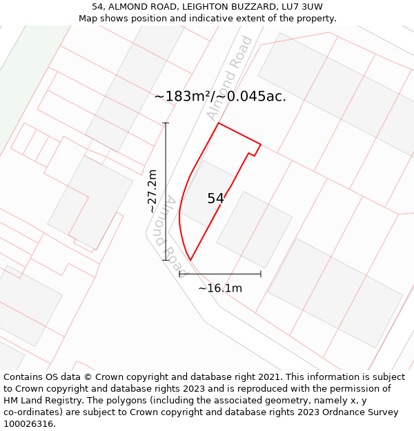 54, ALMOND ROAD, LEIGHTON BUZZARD, LU7 3UW: Plot and title map