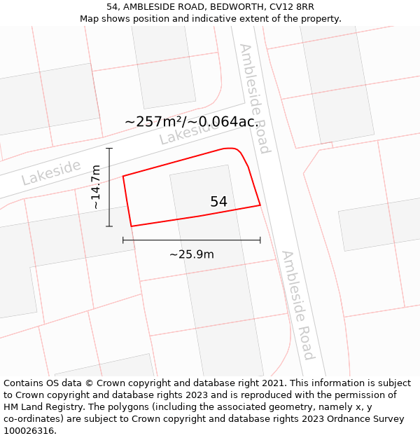 54, AMBLESIDE ROAD, BEDWORTH, CV12 8RR: Plot and title map