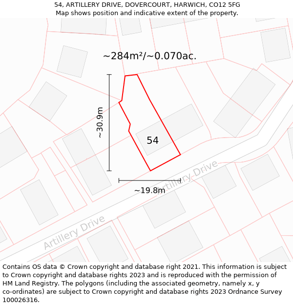 54, ARTILLERY DRIVE, DOVERCOURT, HARWICH, CO12 5FG: Plot and title map