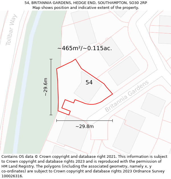 54, BRITANNIA GARDENS, HEDGE END, SOUTHAMPTON, SO30 2RP: Plot and title map